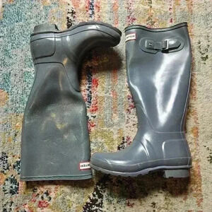 Hunter Original Tall Gloss Gey/ Blue Rainboots, Size Kids 4M/5F or Women's 5